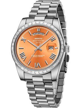 Nibosi Mens Silver Orange Analog Quartz Diamond Bezel Stainless Waterproof Watch
